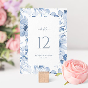 Elegante blaue Blumen-Hochzeitstisch-Nummernkarte Einladung