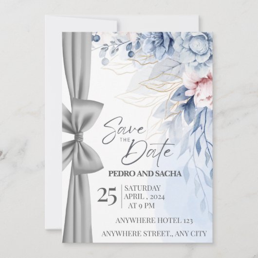 Elegante blaue Blumen-Save-the-Date-Karte mit Silb (Vorderseite)