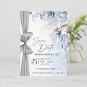 Elegante blaue Blumen-Save-the-Date-Karte mit Silb (Stehend Vorderseite)