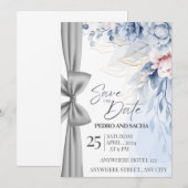 Elegante blaue Blumen-Save-the-Date-Karte mit Silb (Vorne/Hinten)