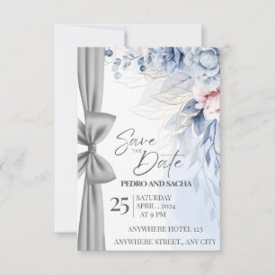 Elegante blaue Blumen-Save-the-Date-Karte mit Silb Dankeskarte