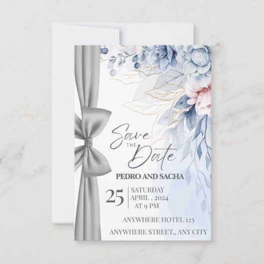Elegante blaue Blumen-Save-the-Date-Karte mit Silb Dankeskarte (Vorderseite)