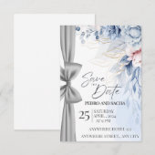 Elegante blaue Blumen-Save-the-Date-Karte mit Silb Dankeskarte (Vorne/Hinten)