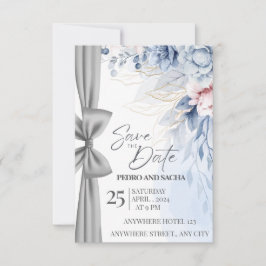 Elegante blaue Blumen-Save-The-Date-Karte mit Silb Einladung