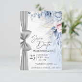 Elegante blaue Blumen-Save-The-Date-Karte mit Silb Einladung (Stehend Vorderseite)