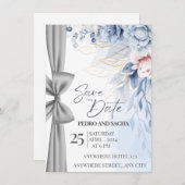 Elegante blaue Blumen-Save-The-Date-Karte mit Silb Einladung (Vorne/Hinten)