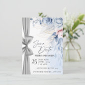 Elegante blaue Blumen-Save-The-Date-Karte mit Silb Einladung (Stehend Vorderseite)