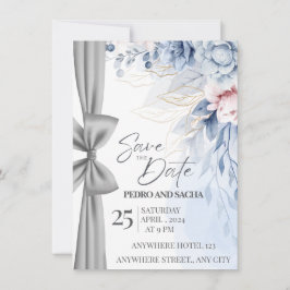 Elegante blaue Blumen-Save-The-Date-Karte mit Silb Einladung