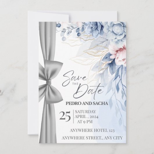 Elegante blaue Blumen-Save-The-Date-Karte mit Silb Einladung (Vorderseite)