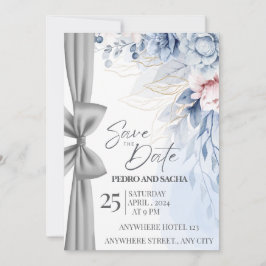 Elegante blaue Blumen-Save-The-Date-Karte mit Silb Save The Date