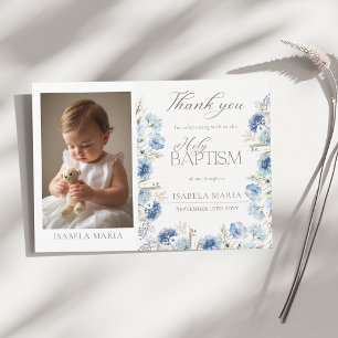 Elegante blaue Blumen-Taufe-Foto für Baby-Mädchen Dankeskarte