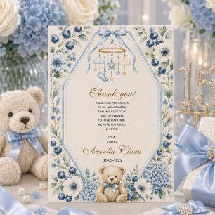 Elegante blaue Blumen-Teddybär-Geburtstagsfeier Dankeskarte