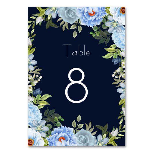 Elegante blaue Blumen Tischnummer (Vorderseite)