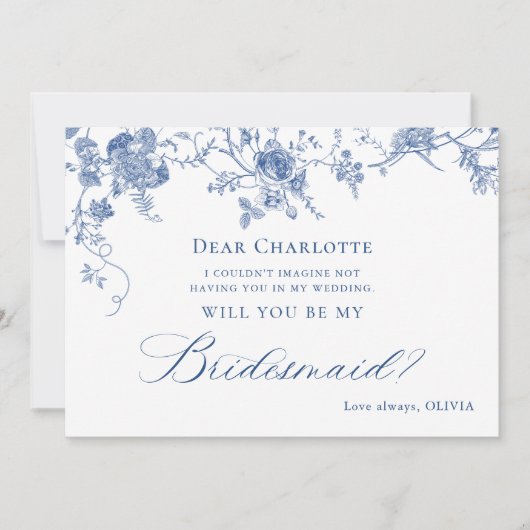 Elegante blaue Blumen werden Sie meine Brautjungfr Einladung (Vorderseite)