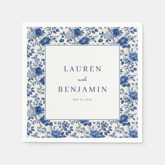 Elegante blaue Blumengrenze Serviette (Vorderseite)