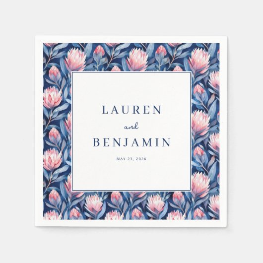 Elegante blaue Blumengrenze Serviette (Vorderseite)