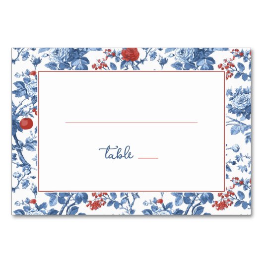 Elegante blaue Blumengrenze Tischnummer (Vorderseite)