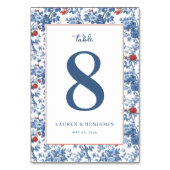 Elegante blaue Blumengrenze Tischnummer (Rückseite)