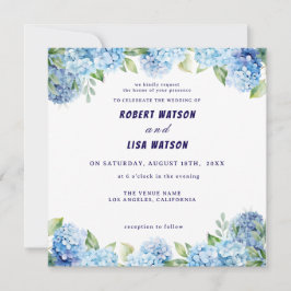 Elegante blaue Blumenhochzeit  Einladung