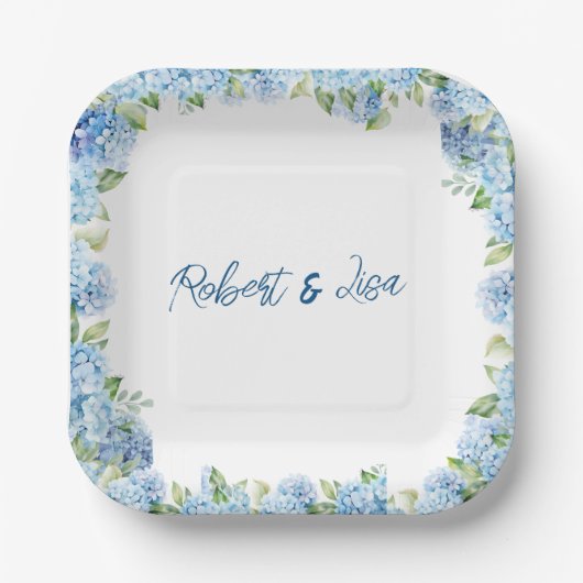 Elegante blaue Blumenhochzeit Pappteller (Vorderseite)