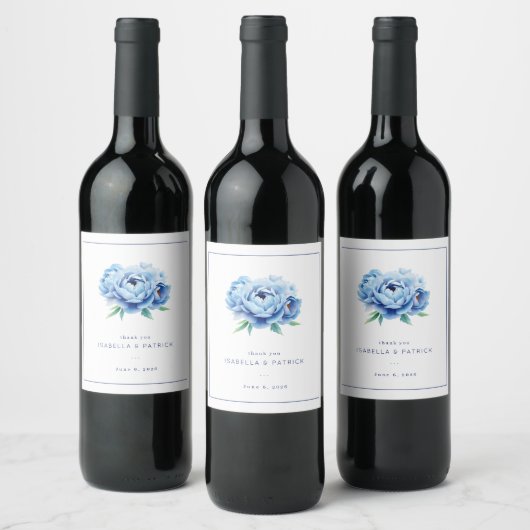 Elegante blaue Blumenillustration Weinetikett (Flaschen)