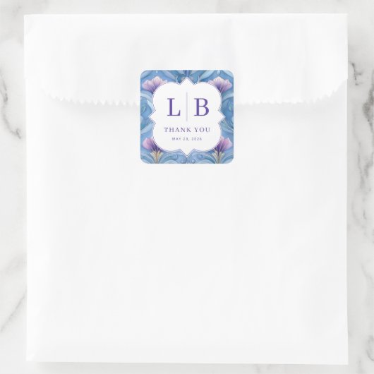 Elegante blaue Blumeninitialen Quadratischer Aufkleber (Tasche)
