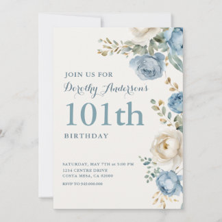 Elegante blaue Blumenparty zum 101. Geburtstag Einladung