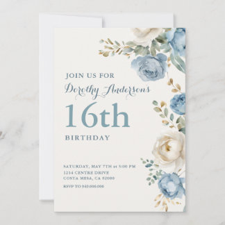 Elegante blaue Blumenparty zum 16. Geburtstag Einladung