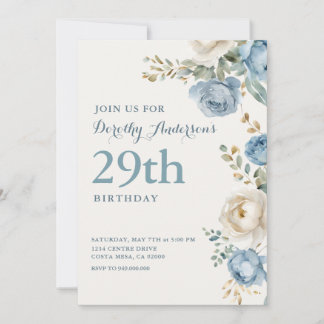 Elegante blaue Blumenparty zum 29. Geburtstag Einladung