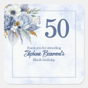 Elegante blaue Blumenparty zum 50. Geburtstag für Quadratischer Aufkleber