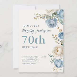 Elegante blaue Blumenparty zum 70. Geburtstag Einladung
