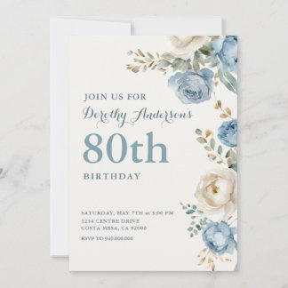 Elegante blaue Blumenparty zum 80. Geburtstag Einladung