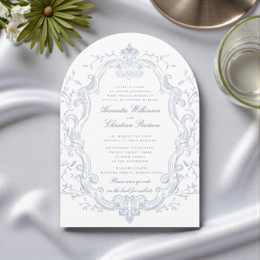 Elegante blaue Blumenrahmen-QR-Code-Hochzeit Einladung