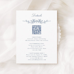 Elegante blaue Blumenrand-Hochzeitsdetails mit QR- Begleitkarte