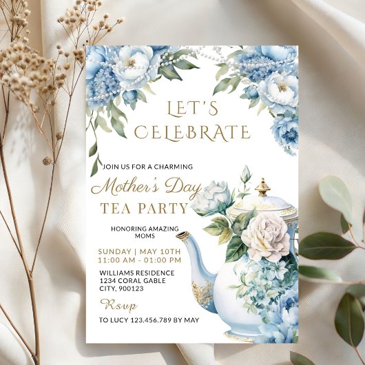 Elegante Blaue Blumige Muttertags-Teeparty  Einladung