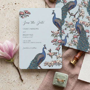 Elegante Blaue Blumige Pfauen Hochzeit Save The Date