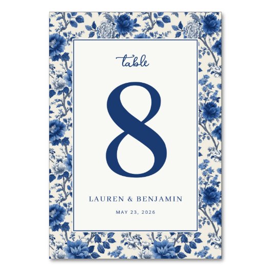 Elegante blaue Blumige Tischnummer (Vorderseite)