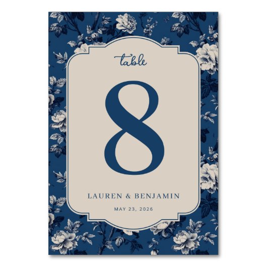Elegante blaue Blumige Tischnummer (Vorderseite)
