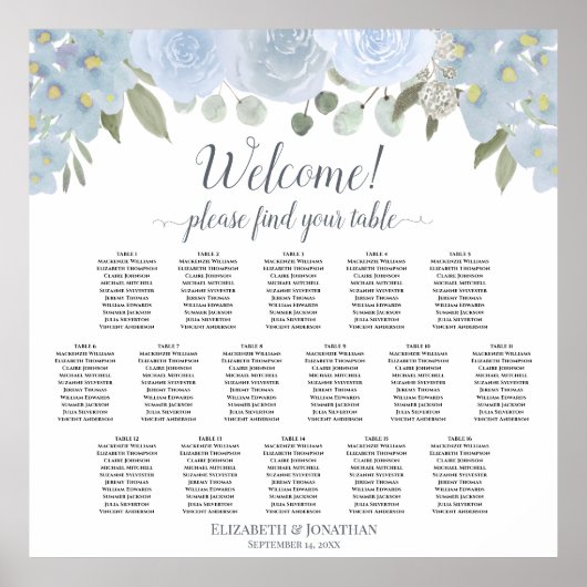Elegante, blaue Blüte 16 Tabelle Seating Chart Poster (Vorne)