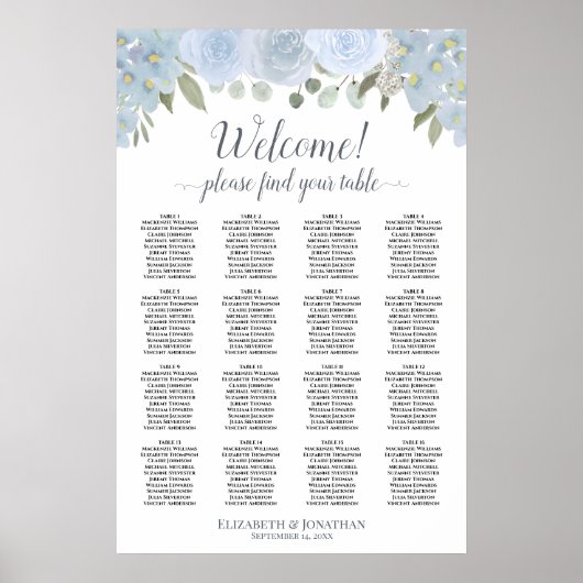 Elegante, blaue Blüte 16 Tabelle Seating Chart Poster (Vorne)