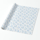 Elegante blaue Blüten gestreift Geschenkpapier (Ungerollt)