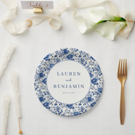 Elegante blaue Blüten Pappteller (Hochzeit)