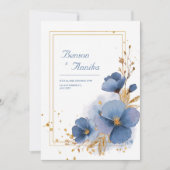 Elegante blaue Blüten und goldene Leaf Hochzeit Einladung (Vorderseite)