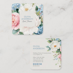 Elegante blaue botanische Aquarell-Blumen Quadratische Visitenkarte