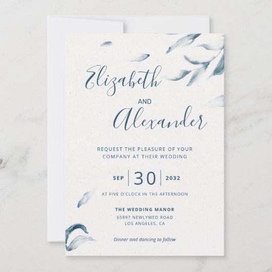 Elegante blaue botanische Aquarellfarben einfache  Einladung (Vorderseite)