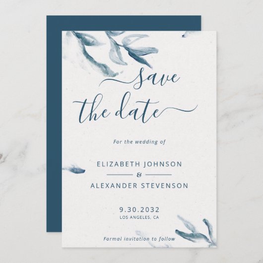 Elegante blaue botanische Aquarellfarben einfache Save The Date (Vorne/Hinten)