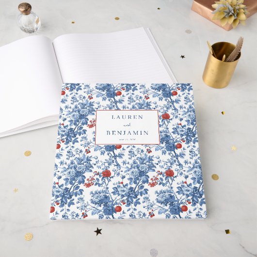 Elegante blaue botanische Blumenmuster Gästebuch (Vorderseite offen)
