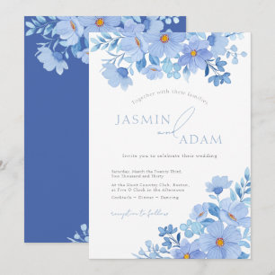 Elegante blaue botanische florale Hochzeit Einladung