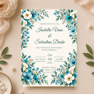 Elegante blaue botanische Hochzeit Einladung