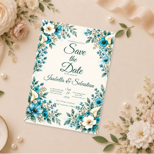 Elegante blaue botanische Hochzeit Save The Date